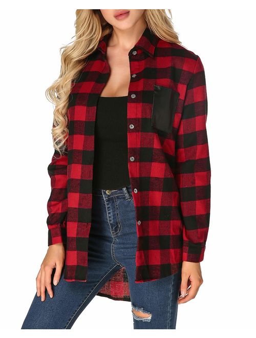 ZANZEA Womens Buffalo Plaid Flannel Shirt Button Down Long Sleeve Tops Collar with Pocket