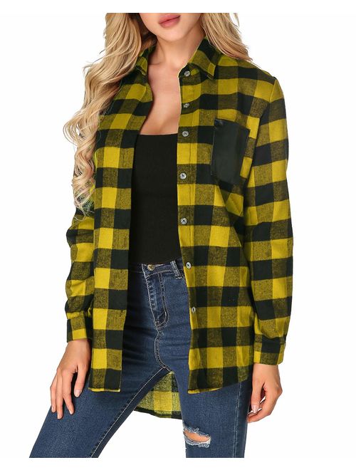 ZANZEA Womens Buffalo Plaid Flannel Shirt Button Down Long Sleeve Tops Collar with Pocket