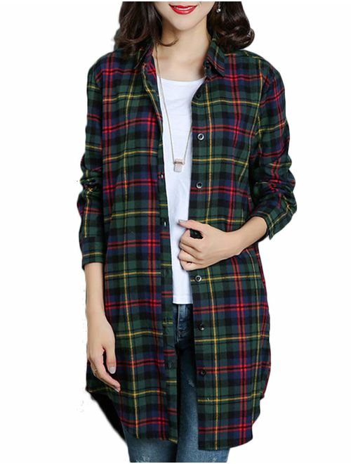 Moschifia Womens Casual Button Down Plaid Shirt Long Sleeve Boyfriend Shirt for Women Plaid Tops with Pocket