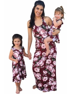 Family Matching Flower Print Long Sleeve Maxi Dress Mommy Me O-Neck High Waist Spring Fall Dress with Pockets