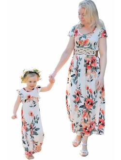 Family Matching Flower Print Long Sleeve Maxi Dress Mommy Me O-Neck High Waist Spring Fall Dress with Pockets