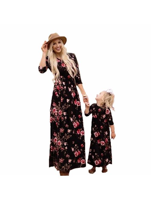 Mommy and Me Dress Outfit Floral Printed Family Matching Casual Bohemia Maxi Long Sundress for Woman Kid Girl