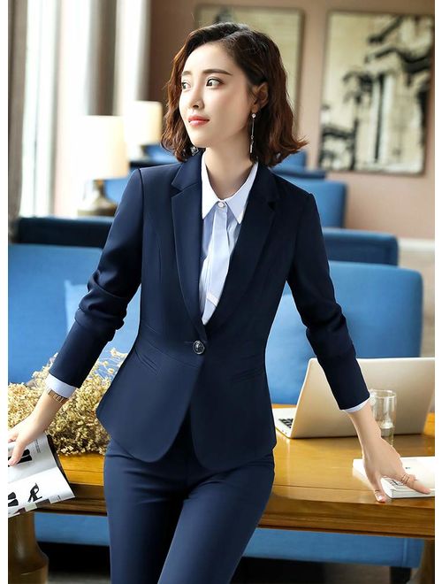 Buy LISUEYNE Women Blazers Suits Two Pieces Solid Work Office Lady ...