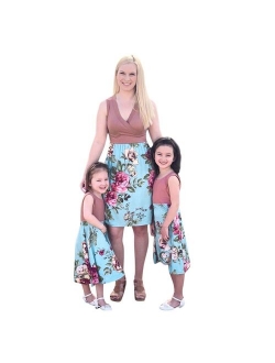 Kehen Family Matching Clothes Outfits Mommy and Me Sleeveless Floral Summer Dress with Lace Family Fitted Tops