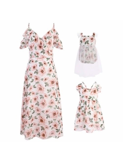 PopReal Mommy and Me Dresses Floral Print Cold Shoulder Ruffle Backless Strap Romper Beach Midi Dress Summer