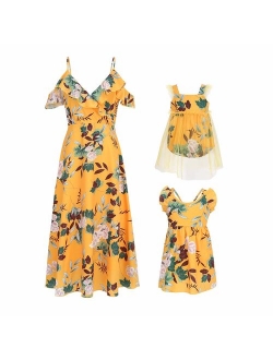 PopReal Mommy and Me Dresses Floral Print Cold Shoulder Ruffle Backless Strap Romper Beach Midi Dress Summer