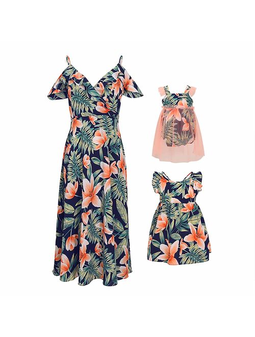 PopReal Mommy and Me Dresses Floral Print Cold Shoulder Ruffle Backless Strap Romper Beach Midi Dress Summer