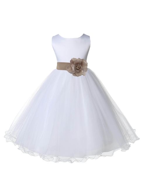 Wedding Pageant White Flower Girl Rattail Edge Tulle Dress 829s