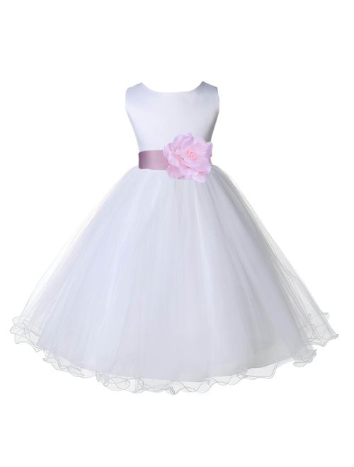 Wedding Pageant White Flower Girl Rattail Edge Tulle Dress 829s