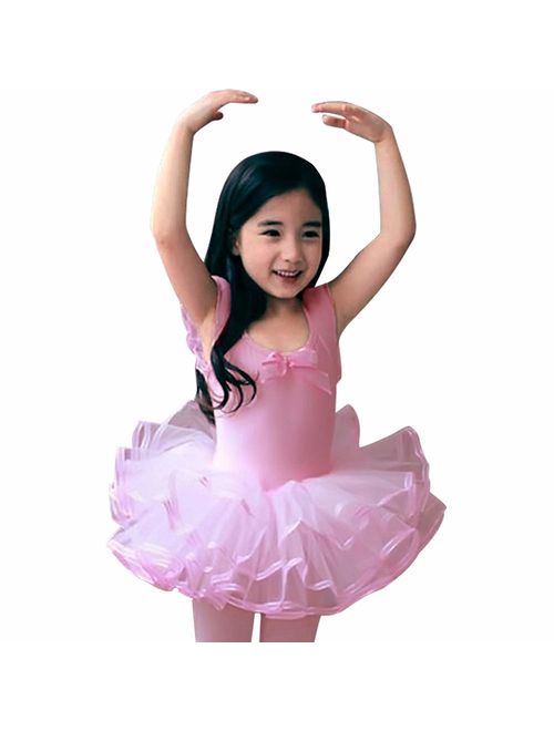 CM-Kid Girls Short Sleeve Ballet Dance Dress Ruffle Tutu Skirted Gymnastics Leotard 2-9 Years