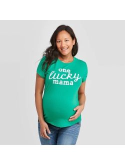 Maternity Short Sleeve One Lucky Mama Graphic T-Shirt - Isabel Maternity by Ingrid & Isabel Green