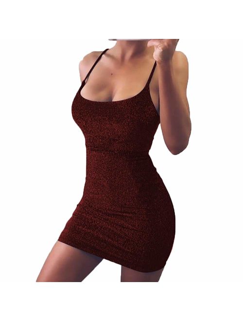 VANCOL Women's Sexy Glitter Spagetti Straps Lace Up Back Bandage Bodycon Mini Club Party Dress