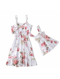 IFFEI Mommy and Me Dress Strappy Summer Matching Dress Pink Rose Floral Printed for Mother and Daughter