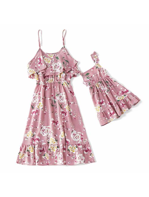 IFFEI Mommy and Me Dress Strappy Summer Matching Dress Pink Rose Floral Printed for Mother and Daughter