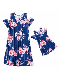 Yaffi Mommy and Me Matching Dress Short Sleeve Floral Printed Summer Dress for Mother and Daughter