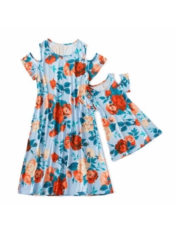 Yaffi Mommy and Me Matching Dress Short Sleeve Floral Printed Summer Dress for Mother and Daughter