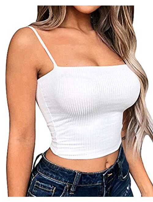 YMDUCH Women's Sexy Crop Top Stretch Spaghetti Strap Ribbed Knitted Basic Cami