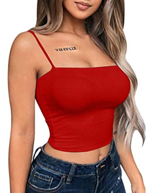 YMDUCH Women's Sexy Crop Top Stretch Spaghetti Strap Ribbed Knitted Basic Cami