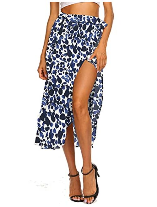 Newchoice Women's Boho Leopard Skirt High Low Split Summer Beach Midi Wrap Skirts