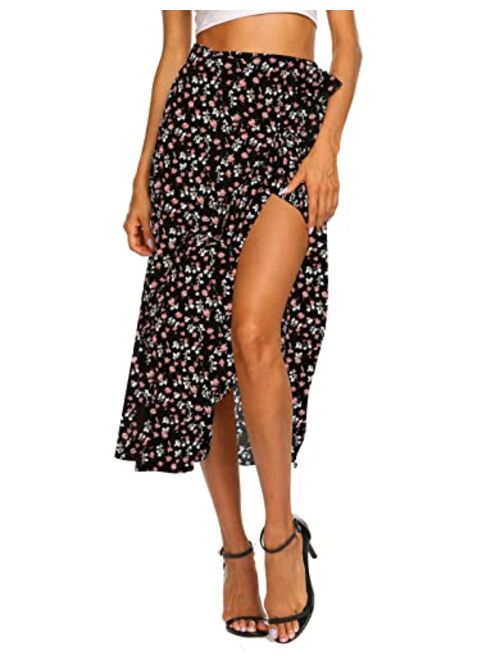 Newchoice Women's Boho Leopard Skirt High Low Split Summer Beach Midi Wrap Skirts