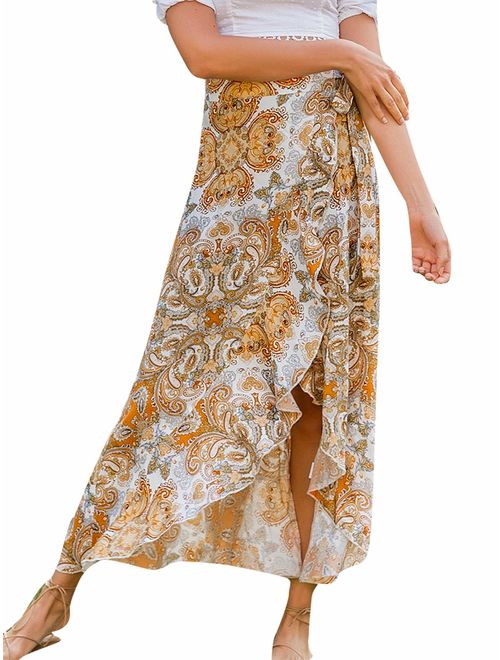 BerryGo Women's Boho Floral Wrap Maxi Skirt High Waisted Long Skirt with Slit