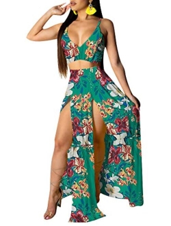 Sexy Deep V Neck Floral Printed Side Slit Two-Piece Maxi Dress