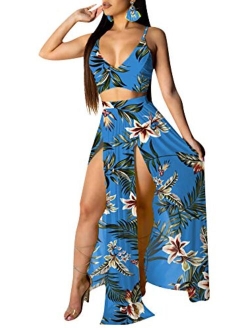 Sexy Deep V Neck Floral Printed Side Slit Two-Piece Maxi Dress