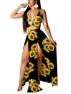 Sexy Deep V Neck Floral Printed Side Slit Two-Piece Maxi Dress