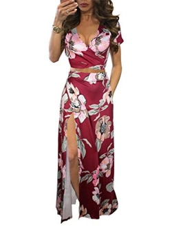 Sexy Deep V Neck Floral Printed Side Slit Two-Piece Maxi Dress