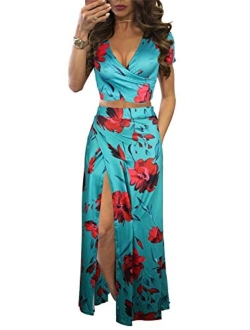 Sexy Deep V Neck Floral Printed Side Slit Two-Piece Maxi Dress