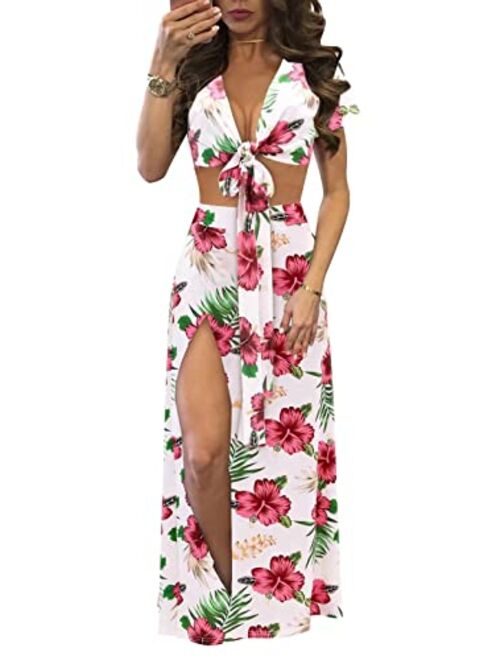 Aro Lora Sexy Deep V Neck Floral Printed Side Slit Two-Piece Maxi Dress