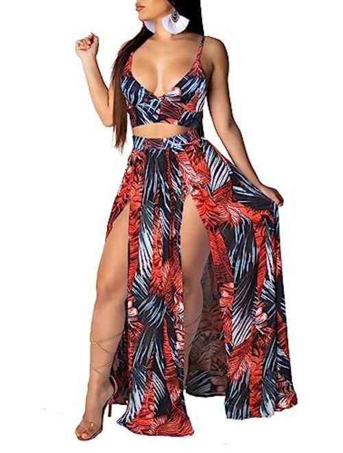 Aro Lora Sexy Deep V Neck Floral Printed Side Slit Two-Piece Maxi Dress