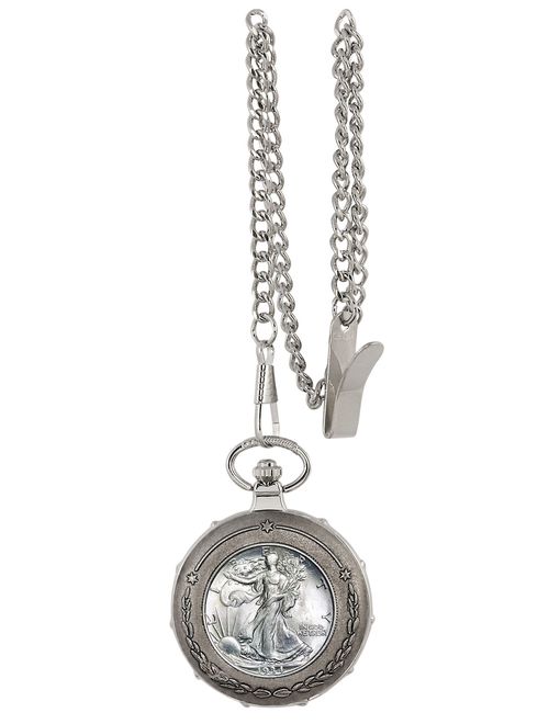 Silver Walking Liberty Half Dollar Silvertone Train Coin Pocket Watch