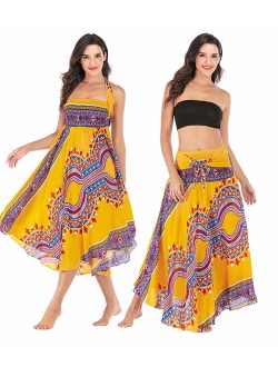 Salamola Women's Long Hippie Bohemian Skirt Gypsy Dress Bohemian 2 in 1 Printed Beach Dress Skirt Cover Up Female Bikini Wrap