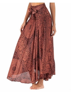 Salamola Women's Long Hippie Bohemian Skirt Gypsy Dress Bohemian 2 in 1 Printed Beach Dress Skirt Cover Up Female Bikini Wrap