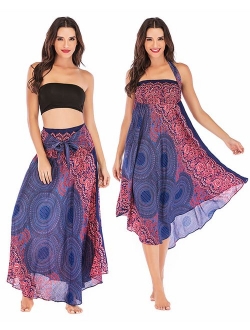 Salamola Women's Long Hippie Bohemian Skirt Gypsy Dress Bohemian 2 in 1 Printed Beach Dress Skirt Cover Up Female Bikini Wrap