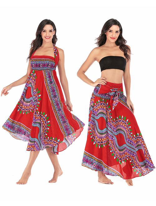 Salamola Women's Long Hippie Bohemian Skirt Gypsy Dress Bohemian 2 in 1 Printed Beach Dress Skirt Cover Up Female Bikini Wrap