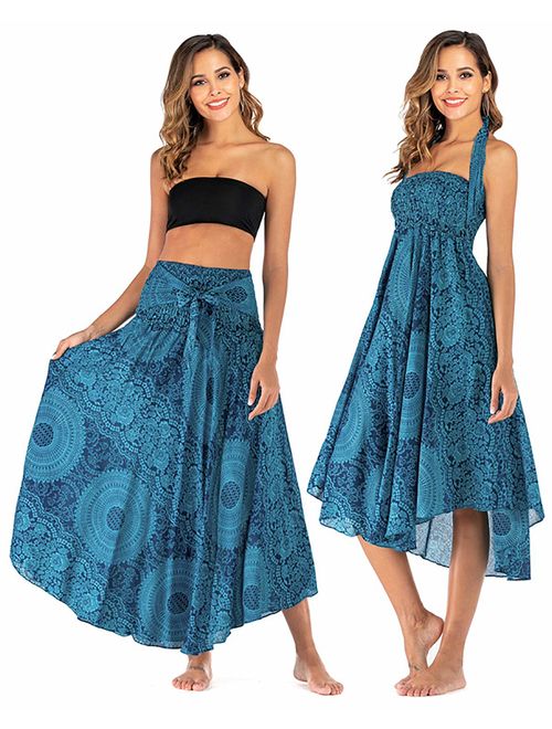 Salamola Women's Long Hippie Bohemian Skirt Gypsy Dress Bohemian 2 in 1 Printed Beach Dress Skirt Cover Up Female Bikini Wrap