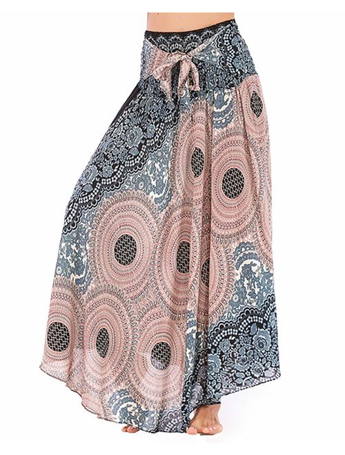 Salamola Women's Long Hippie Bohemian Skirt Gypsy Dress Bohemian 2 in 1 Printed Beach Dress Skirt Cover Up Female Bikini Wrap