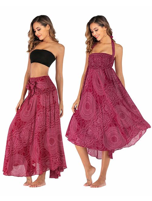 Salamola Women's Long Hippie Bohemian Skirt Gypsy Dress Bohemian 2 in 1 Printed Beach Dress Skirt Cover Up Female Bikini Wrap