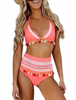 Womens High Waist Two Pieces Bikini Set Striped Tassel Swimsuit