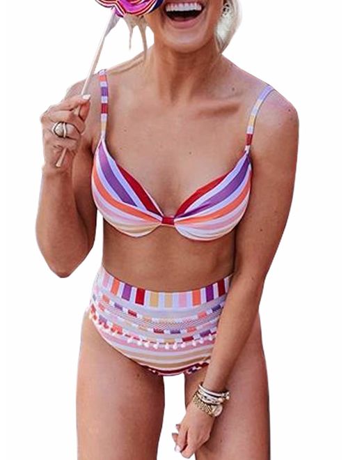 Dokotoo Womens High Waist Two Pieces Bikini Set Striped Tassel Swimsuit