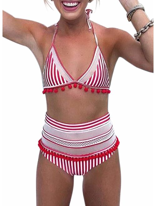 Dokotoo Womens High Waist Two Pieces Bikini Set Striped Tassel Swimsuit