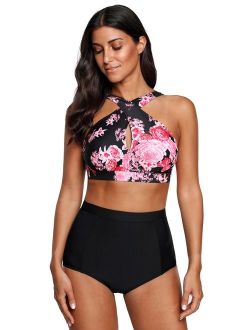 High Waisted Floral Bikini Front Cross Tribal Ladies Plus Size Swimwear