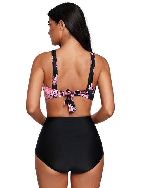 High Waisted Floral Bikini Front Cross Tribal Ladies Plus Size Swimwear