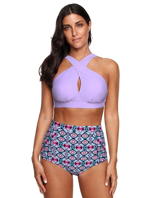 High Waisted Floral Bikini Front Cross Tribal Ladies Plus Size Swimwear