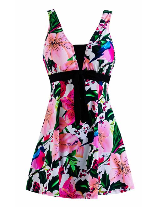 Wantdo Women's Floral Swimdress Modest Swimwear Slimming Push Up Skirtini Swimsuit