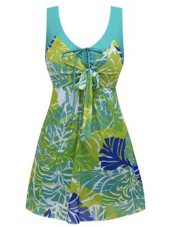 Wantdo Women's Plus Size Swimdress Flower Printed Swimwear Cover Up Swimsuits