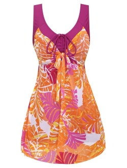 Wantdo Women's Plus Size Swimdress Flower Printed Swimwear Cover Up Swimsuits