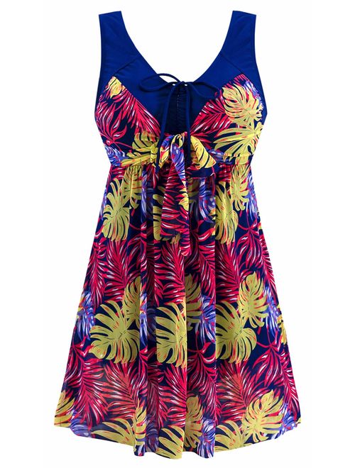 Wantdo Women's Plus Size Swimdress Flower Printed Swimwear Cover Up Swimsuits